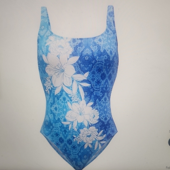 Johnny Was Blue and White Floral Clio Tanksuit One Piece Swimsuit Size 1X - Picture 3 of 6